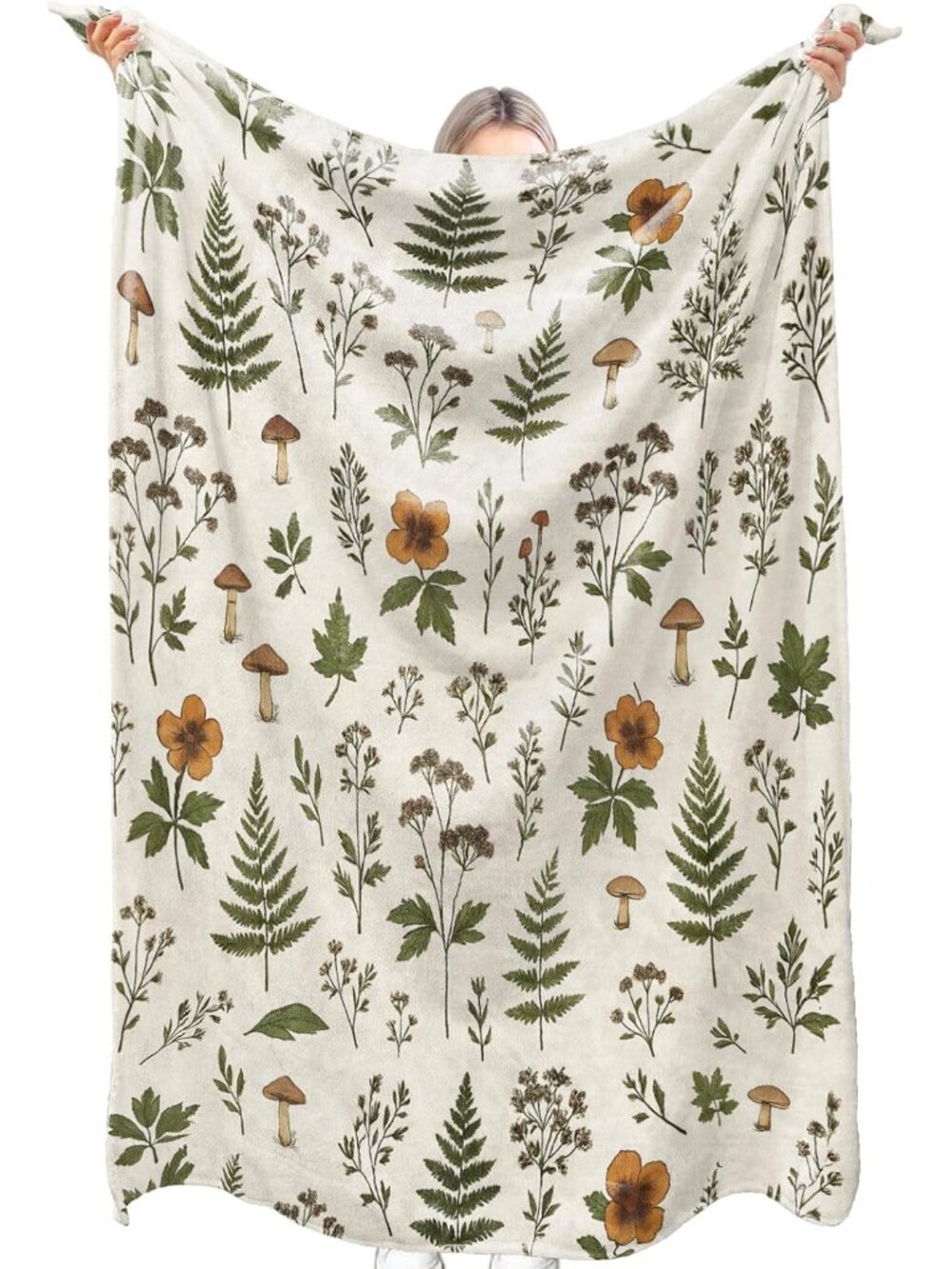 Vintage Botanical Flannel Blanket Nature Fern Mushroom Floral Lightweight Blanke